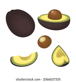 Set von Avocado-Illustrationen einzeln auf weißem Hintergrund. Slice, ganz, viertel, Samen. Veganische Essensvektorsymbole im süßen Cartoon-Stil. Vektorgrafik 