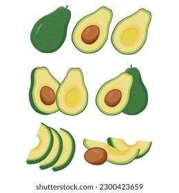 Set of avocado illustrations isolated on white background. Slice and whole fruit, seed, leaf. Applicable for fruit juice advertising. Vector illustration, merchandise design, poster design, etc.