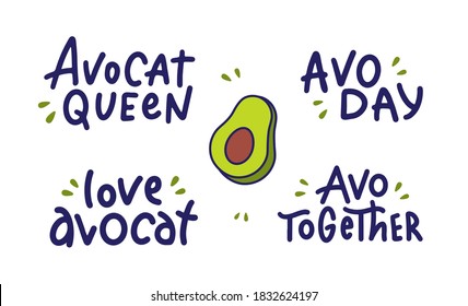 Conjunto de frases con letras aguacate - Avo, Avo juntos, Avo Day, Reina. Bien para camisetas, diseños de tela, pegatinas, anuncios, carteles, etc. La colección es una ilustración vectorial 