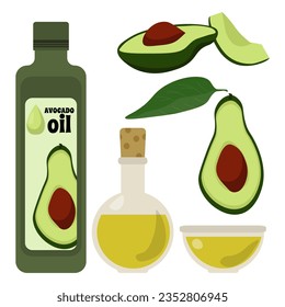Set of avocado oil and green vegetable halves, vegetable nourishing oil in various bowls vector illustration