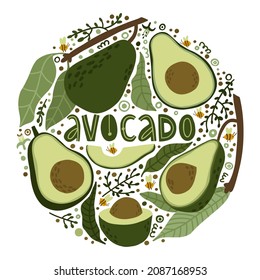 mit Avocado auf Ästen mit Blättern, Avocado-Hälften, Avocado-Stücken, Blumen, Bienen und Knospen. handgezeichneter Avocado im flachen Stil. Vektorgrafik.