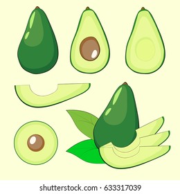Set avocado on a yellow background. Vector illustration.