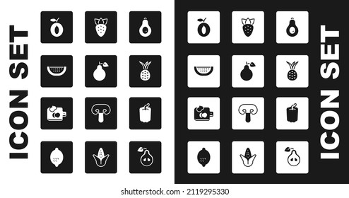 Set Avocado, Pear, Watermelon, Plum fruit, Pineapple, Strawberry, Bell pepper and Cutting board with vegetables icon. Vector