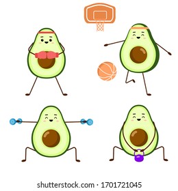 Set of avocado sport - boxing and bascketball. Avocado character design on white background. Modern flat sport illustration. Cute design for greeting cards, stickers, fabric, websites and prints.