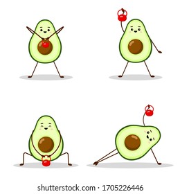Set of avocado sport with red weight. Avocado character design on white background. Morning exercises. Cute illustration for greeting cards, stickers, fabric, websites and prints.