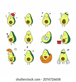 Set avocado sticker. Funny fruit in various life situations. Doodle style illustration. Postcard design element.