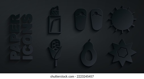 Set Avocado, Sun, Corn, Flip flops and Burrito icon. Vector