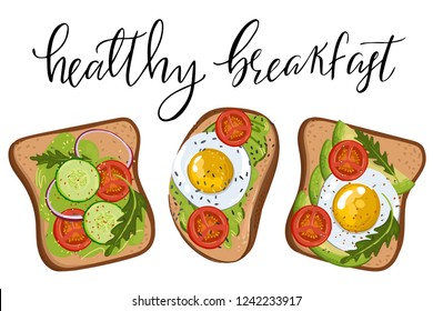 Set of avocado toast with eggs. Hand drawn illustration in sketch style on black clackboard background EPS 10. Healthy breakfast. Can use for menu bar, banner, poster, voucher, sale promotion.