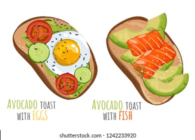 Set of avocado toast with eggs and salmon. Vector illustration isolated on white background. Can use for menu bar, banner, poster, voucher, sale promotion.