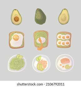 Set of avocado toasts and bowl with avocado, salmon, boiled eggs, rice and different healthy ingredients. Healthy clean balanced natural vegetarian detox meal.