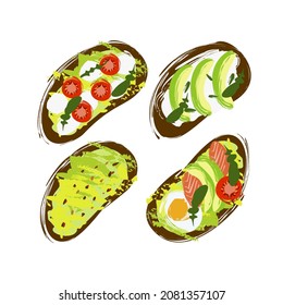 Set de aguacate tostado ilustración con diferentes tipos de pan, tomates, huevos, salmón, pimienta chile, mozzarella