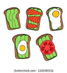 Conjunto de tostadas de aguacate. Dibujo de dibujos animados. Objetos aislados en un fondo blanco. Sándwiches con diferentes ingredientes.