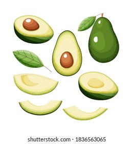 Set of avocado vectors. Whole, halves, slices, leaves, seeds isolated on a white background. Shadow texture, cartoon style.