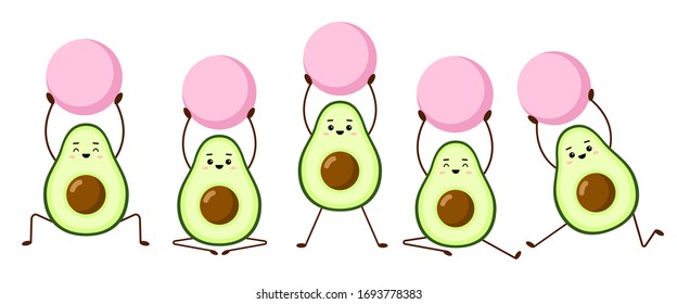 Set of avocado yoga with pink fitball. Avocado character design on white background. Morning exercises or yoga for pregnant women. Cute illustration for greeting cards, stickers, websites and prints.