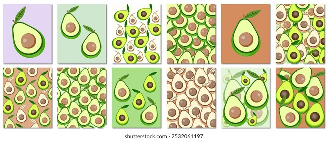 Set of avocados art prints. Vector illustration. Healthy fruit design.