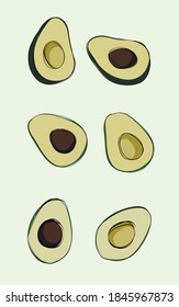 The set of avocados made in vector graphic. The mail colour is green.