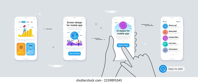 Set Of Award App, Fake Review And Cogwheel Line Icons. Phone Ui Interface. Include 360 Degrees, Outsource Work, Yummy Smile Icons. Time, Web Photo, Favorite Web Elements. For Web, Application. Vector