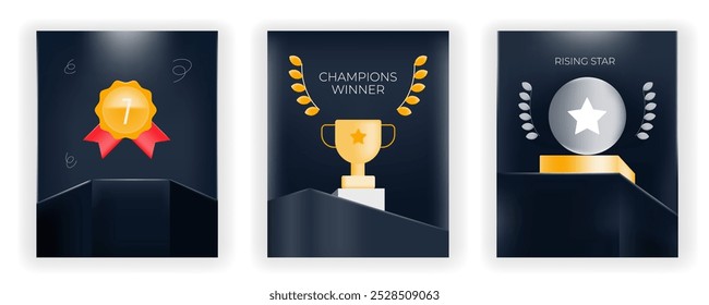 Conjunto de prêmios de pódio elegante preto com um distintivo de ouro, troféu para campeões e uma medalha de estrela em ascensão