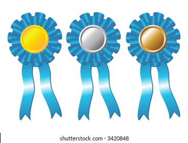 Set of award blue rosettes with gold, silver and bronze medals on the middle and two ribbons falling down over white background