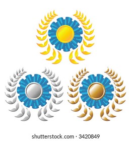 Set of award blue rosettes with gold, silver and bronze medals on the middle and laurel wreath around over white background