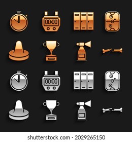 Set Award cup, Air hockey table, Human broken bone, horn, Mallet for playing air, Locker changing room, Stopwatch and  icon. Vector