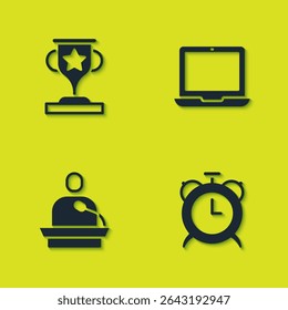Set Award cup, Alarm clock, Gives lecture and Laptop icon. Vector