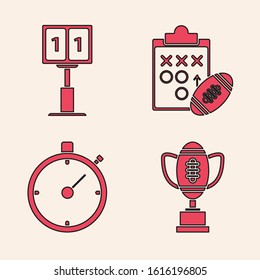 Set Award cup and American football ball, Sport football mechanical scoreboard and result display, Planning strategy concept and Stopwatch icon. Vector