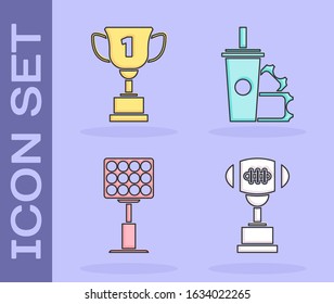 Set Award cup and American football ball, Award cup, Bright stadium lights and American Football ticket and paper glass soda with drinking straw icon. Vector