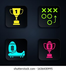 Set Award cup and American football ball, Award cup, Soccer or football shoes with spikes and Planning strategy concept. Black square button. Vector