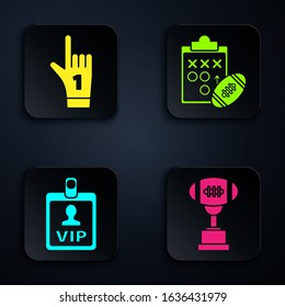 Set Award cup and American football ball, Number 1 one fan hand glove with finger raised, VIP badge and Planning strategy concept. Black square button. Vector