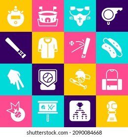 Set Award cup with baseball ball, Sport bag, Hotdog sandwich, Player chest protector, Baseball t-shirt, bat, Stopwatch and  icon. Vector
