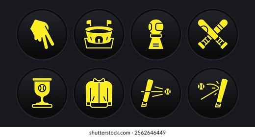 Set Award cup with baseball ball, Crossed bat, Baseball t-shirt, arena,  and glove icon. Vector