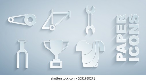 Set Award cup with bicycle, Wrench spanner, Bicycle fork, Cycling t-shirt, frame and chain gear icon. Vector