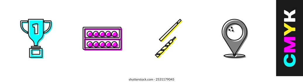 Set Copa de premio, bolas de billar en el soporte, cue y Locación con icono de bolos. Vector