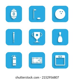 Set Award cup, Billiard table, Bathroom scales, Bowling pin, Aqualung, Baseball bat,  and American Football icon. Vector