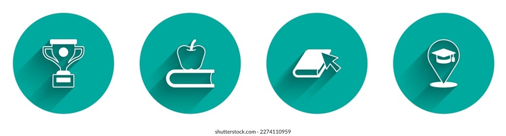 Fijar la copa de premio, Libro con manzana, libro en línea e icono de la educación con una gran sombra. Vector