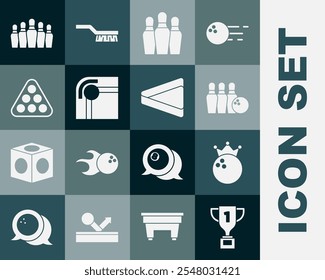 Set Award cup, Bowling ball, pin and, Billiard table, balls rack triangle,  and  icon. Vector