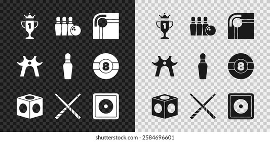 Set Award cup, Bowling pin and ball, Billiard table, chalk, Crossed billiard cues, rest and  icon. Vector