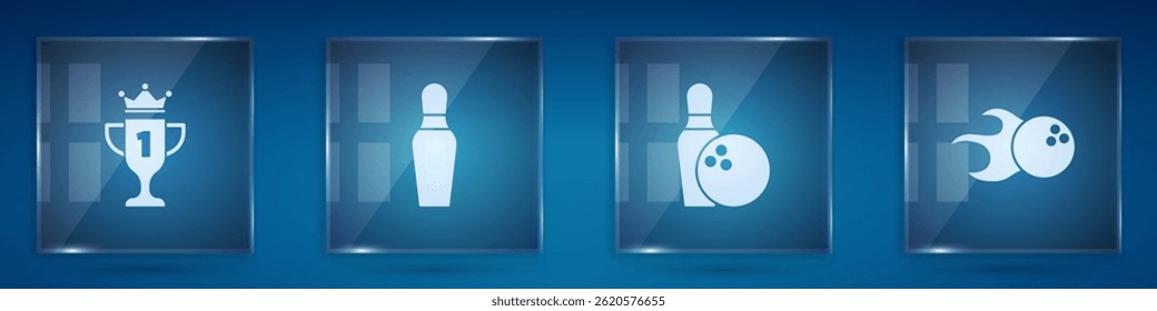 Set Award cup, Bowling pin, and ball and . Square glass panels. Vector