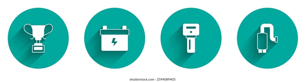 Set Award cup, Car battery, key with remote and muffler icon with long shadow. Vector
