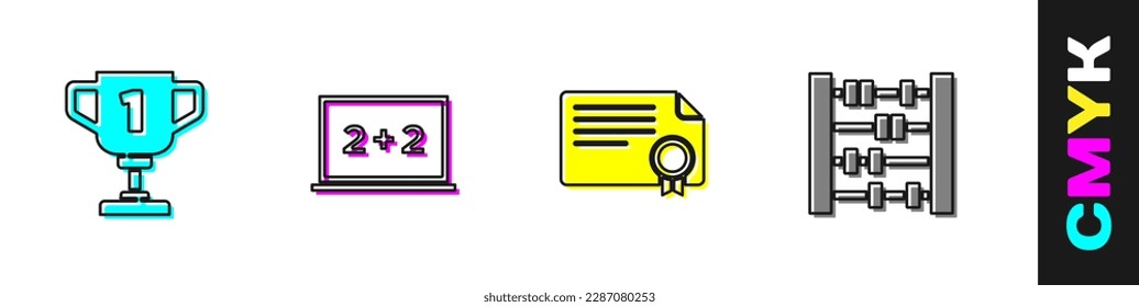 Set Award cup, Chalkboard, Certificate template and Abacus icon. Vector