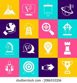 Set Award cup, Chess, Target, Flag, Stair with finish flag, Hand holding Earth globe, Mountains and magnifying glass icon. Vector