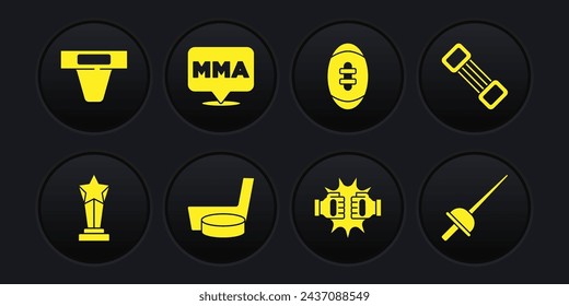 Set Award Cup, Chest Expander, Eishockey-Stick-Puck, Punch in Boxhandschuhe, American Football, Fight Club MMA, Fencing und Leisten Guard-Ikone. Vektor
