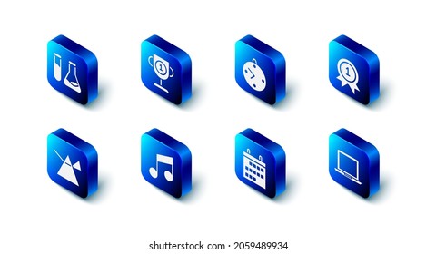 Set Award cup, Clock, Medal, Laptop, Calendar, Music note, tone, Light rays in prism and Test tube and flask icon. Vector