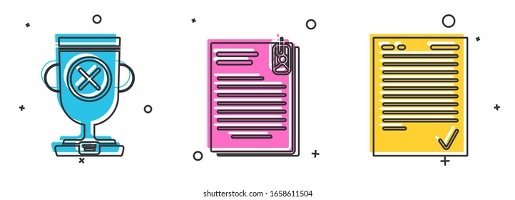 Set Award cup, File document and paper clip and Exam sheet with check mark icon. Vector