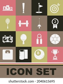 Set Award cup, Football ball, Medal, Golf flag, Dumbbell, Tennis racket, over sports winner podium and Fencing icon. Vector