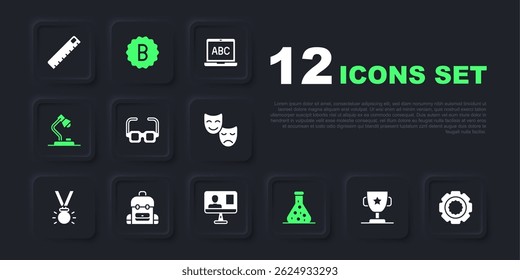 Set Award cup, Gear, Glasses, Test tube, Table lamp, School backpack, Exam paper with incorrect answers and Online class icon. Vector