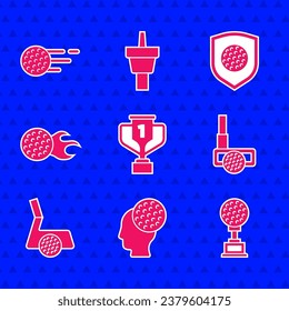 Fijar la copa con golf, bola de golf, club, escudo e ícono. Vector