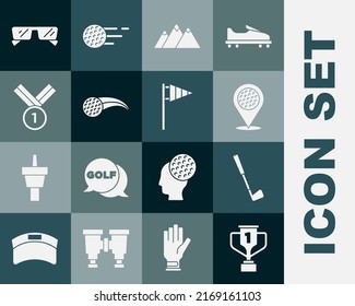 Set Award cup with golf, Golf club, Location sport, Mountains, ball, Medal, Glasses and flag icon. Vector