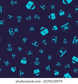 Set Award cup, Graduation cap on laptop, Student working and Online education with diploma on seamless pattern. Vector